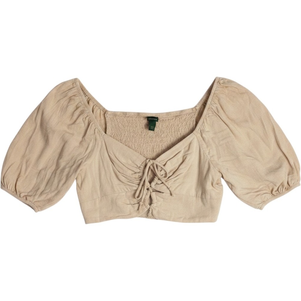 Wild Fable Womens Small Tan Puff Sleeve Tie Front Smocked Back Crop Top Beige‎